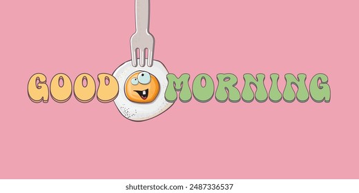 Good morning quote with cute egg character and groovy retro text isolated on pink background. Vector good morning funny slogan and morning cute fried egg. Banner, poster, cafe menu design template