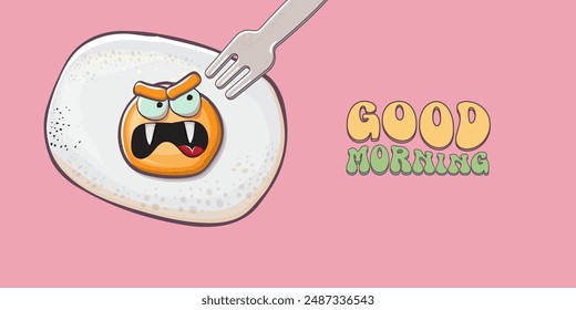 Good morning quote with cute egg character and groovy retro text isolated on pink background. Vector good morning funny slogan and morning cute fried egg. Banner, poster, cafe menu design template
