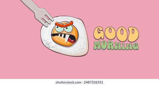 Good morning quote with cute egg character and groovy retro text isolated on pink background. Vector good morning funny slogan and morning cute fried egg. Banner, poster, cafe menu design template