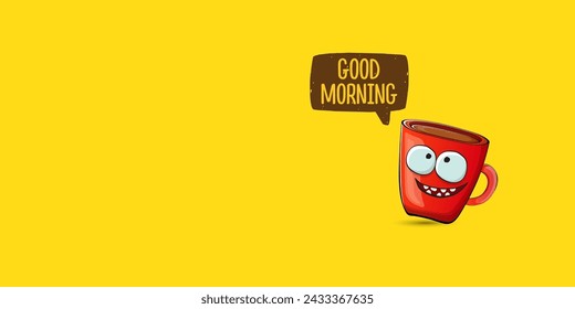 Buena cita de la mañana con el carácter lindo de la taza de café rojo y la burbuja del discurso aislado fondo amarillo. Vector buen día eslogan y Coffee caricatura pancarta horizontal, etiqueta, plantilla de diseño de banner divertido