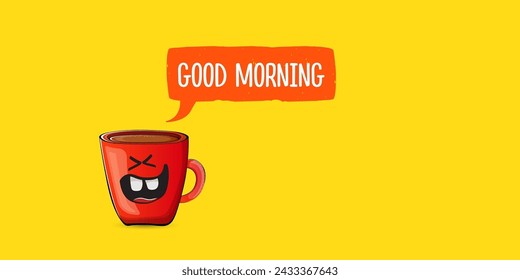 Buena cita de la mañana con el carácter lindo de la taza de café rojo y la burbuja del discurso aislado fondo amarillo. Vector buen día eslogan y Coffee caricatura pancarta horizontal, etiqueta, plantilla de diseño de banner divertido