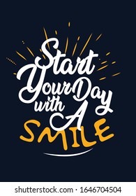 Good Morning Quote. Hand lettering Typography Quote poster.  Morning quote poster with dark background and golden font. Start your day with a smile.