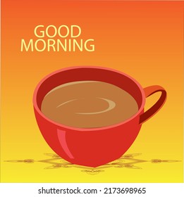 Good Morning a red cup of tea and rangoli , with english text on yellow  to red vignetted background.