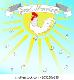 Good Morning scene with sun and rooster. Wake up . Nature.