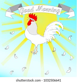 Good Morning scene with sun and rooster. Wake up . Nature.