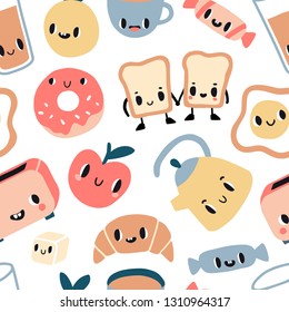 Good morning seamless pattern. Funny breakfast characters: toasts (bread), cup of coffee, donat, juice, fried egg, donut. Cute food and drink icons in kawaii style with smiling face. Vector texture