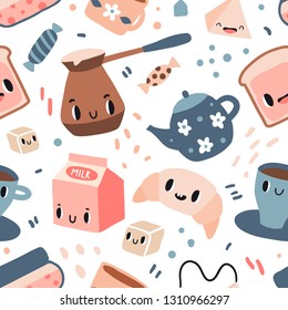 Good morning seamless pattern. Funny breakfast characters: toasts (bread), coffee, tea, milk, jam, croissant. Cute food and drink icons in kawaii style with smiling face. Vector texture