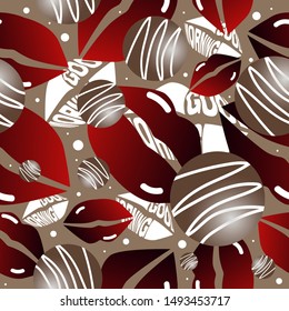 Good morning seamless pattern with red kissing lips and chocolates on coffee color background. Vector illustration.