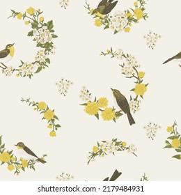 Good morning. Seamless vintage print with floral wreaths and birds. Delicate spring and summer background. Botanical vector illustration.