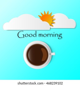 Good morning sky and sun with a glass of coffee , illustration, vector. 