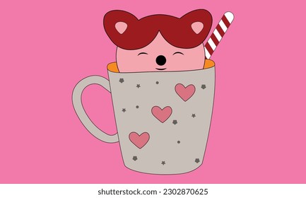 Good morning slogan with bear doll in hot coffee cup vector illustration