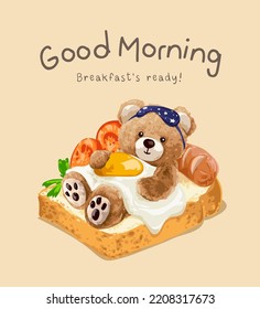 good morning slogan with beardoll sleeping on breakfast bread vector illustration