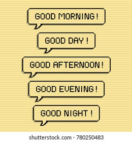 Good morning speech bubble pixel art design concept, day, afternoon, evening and night.