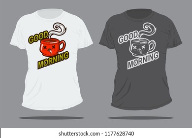 Good morning sticker, emblem. Cartoon red coffee cup with emotion. T-shirt vector design template.