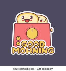 good morning sticker with toaster cartoon. icon vector flat style design with outline
