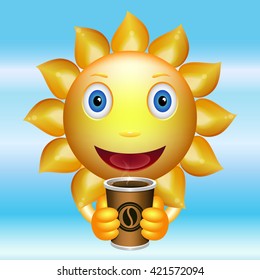 Good morning. Sun and coffee. Cartoon sun keeps the cup of coffee. Smiley. Vector isolated illustration.
