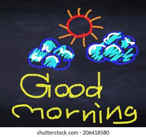 Good morning with sunny and cloud on black chalkboard. tracing vector