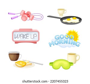 Good Morning Symbol and Attribute with Alarm Clock, Breakfast Meal, Coffee and Dumbbells Vector Set