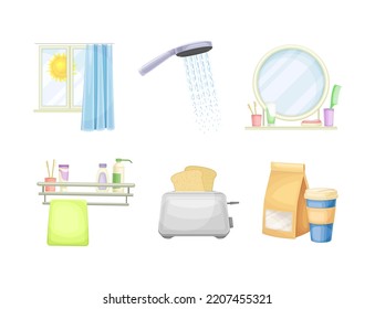 Good Morning Symbol and Attribute with Shining Sun in Window, Shower Head, Bathroom Mirror, Breakfast and Toaster with Bread Vector Set