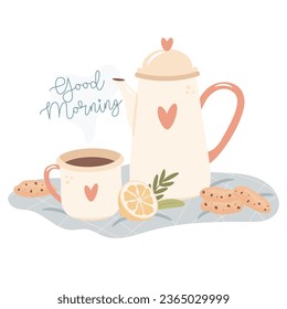 Good morning. Tea pot and lemons. Cozy morning breakfast concept.