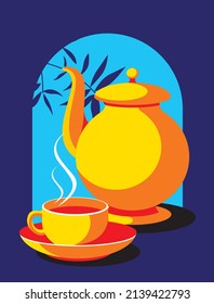 Good morning. Tea. window view with cup of tea. trendy vector illustration. Flat design. background or poster