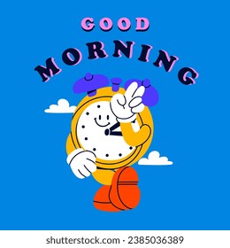Good morning text. Alarm clock with hands, legs and face. Cute funny mascot. Hand drawn trendy Vector illustration. Cartoon style wake up clock character. Poster, card, print, logo, icon template