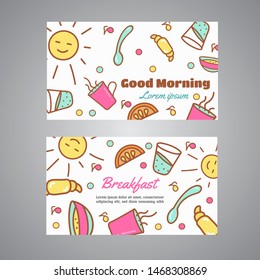 Good Morning text. Breakfast slogan. Cafe, bakery concept business card. Coffeee and tea vector design Line icons vector