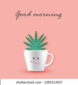 Good morning text with cactus in a cup,vector illustration.