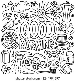 Good morning text. Doodle stile vector illustration. 