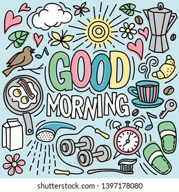 Good morning text. Doodle stile vector illustration.