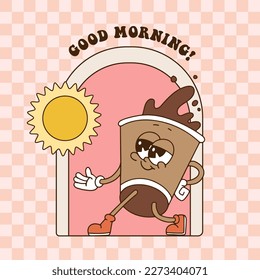 Good morning text with Funny retro cartoon character of Coffee on paper cup concept for sticker, posters, prints. The toons elements in trendy vintage 80s style. Vector contour illustration