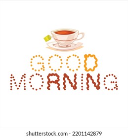 Good Morning text illustration with tea cup. colorful good morning text.