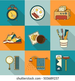 Good morning thin line vector icon set. Breakfast, coffee, sports, hygiene - modern symbols of good start to the day.