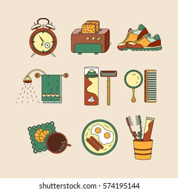 Good morning thin line vector icon set. Breakfast, coffee, sports, hygiene - modern symbols of good start to the day.