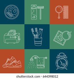 Good morning thin line vector icon set. Breakfast, coffee, sports, hygiene - modern symbols of good start to the day.