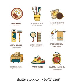 Good morning thin line vector icon set. Breakfast, coffee, sports, hygiene - modern symbols of good start to the day.