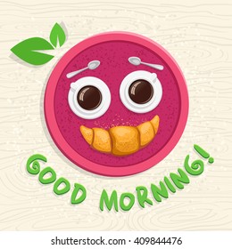 Good morning! Two cups of coffee with a croissant on a tray. Funny cartoon vector illustration.