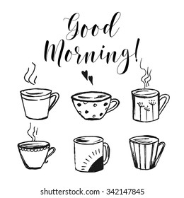 Good Morning. Vector coffee and tea set. Isolated. 
