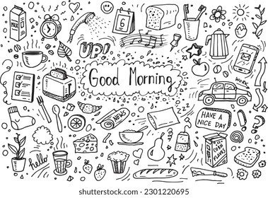 Good morning vector hand drawing elements, doodles on white paper