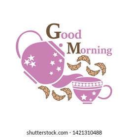 Good Morning vector illustration for tea time with some cookies in beautiful colors. Great for tea time, place-mat prints, gifts, wallpaper, backgrounds, packaging design projects.