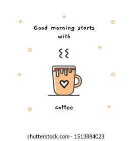 Good Morning Vector Poster Isolated On White Background. Flat Design Coffee Icon. Funny Quote.