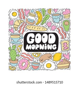 Good morning vector set in doodle style. Hand drawn breakfast set. Vector illustration breakfast in a modern style.