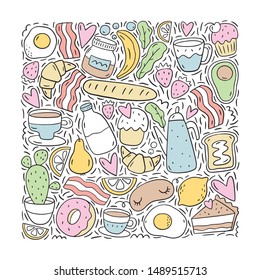 Good morning vector set in doodle style. Hand drawn breakfast set. Vector illustration breakfast in a modern style.