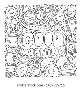 Good morning vector set in doodle style. Hand drawn breakfast set. Vector illustration breakfast in a modern style.