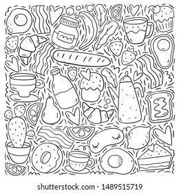 Good morning vector set in doodle style. Hand drawn breakfast set. Vector illustration breakfast in a modern style.