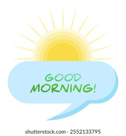 Good morning words, decorative letters with bright sunshine, isolated on white.  Positive inspiration, emotion, motivation concept. Vector illustration