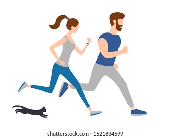 Good morning workout, running couple, jogging people. Summer outdoor sport activities. Have Fun, Fitness Healthy Lifestyle. Vector illustration. Trendy flat style.