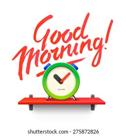 Good Morning. Workspace mock up with digital alarm clock, vector illustration.
