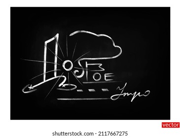 Good morning written in white chalk on black chalkboard. Chalk comic strip drawing. Motivational chalk lettering with sports design elements. Good Morning Chalk Translation: good morning. Vector