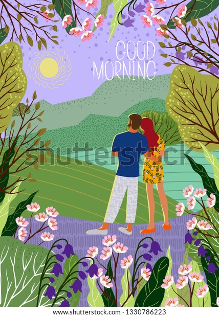 Good Morning Young Couple Meets New Nature People Stock Image